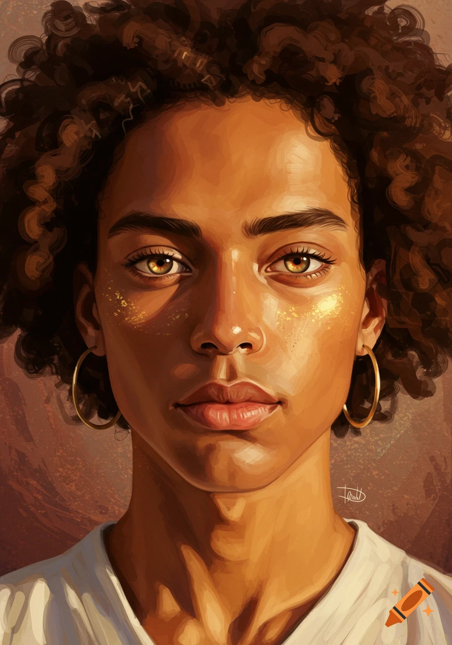 Close-up digital painting of a person with curly dark hair, golden eyes, and hoop earrings, with golden specks on their face.