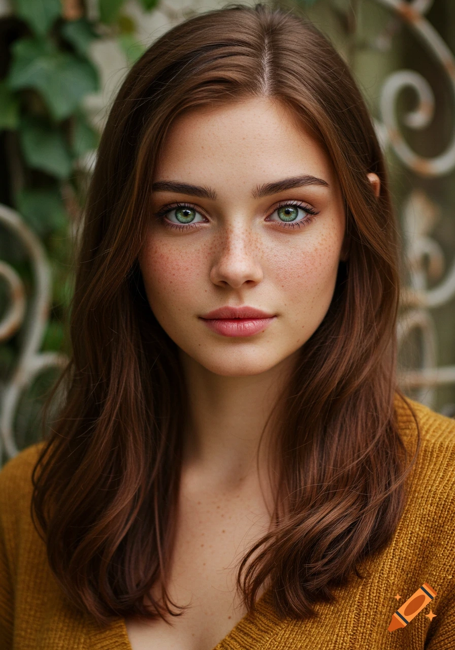 Close-up photorealistic portrait of a young woman with long brown hair, green eyes, and freckles, wearing a mustard yellow sweater.