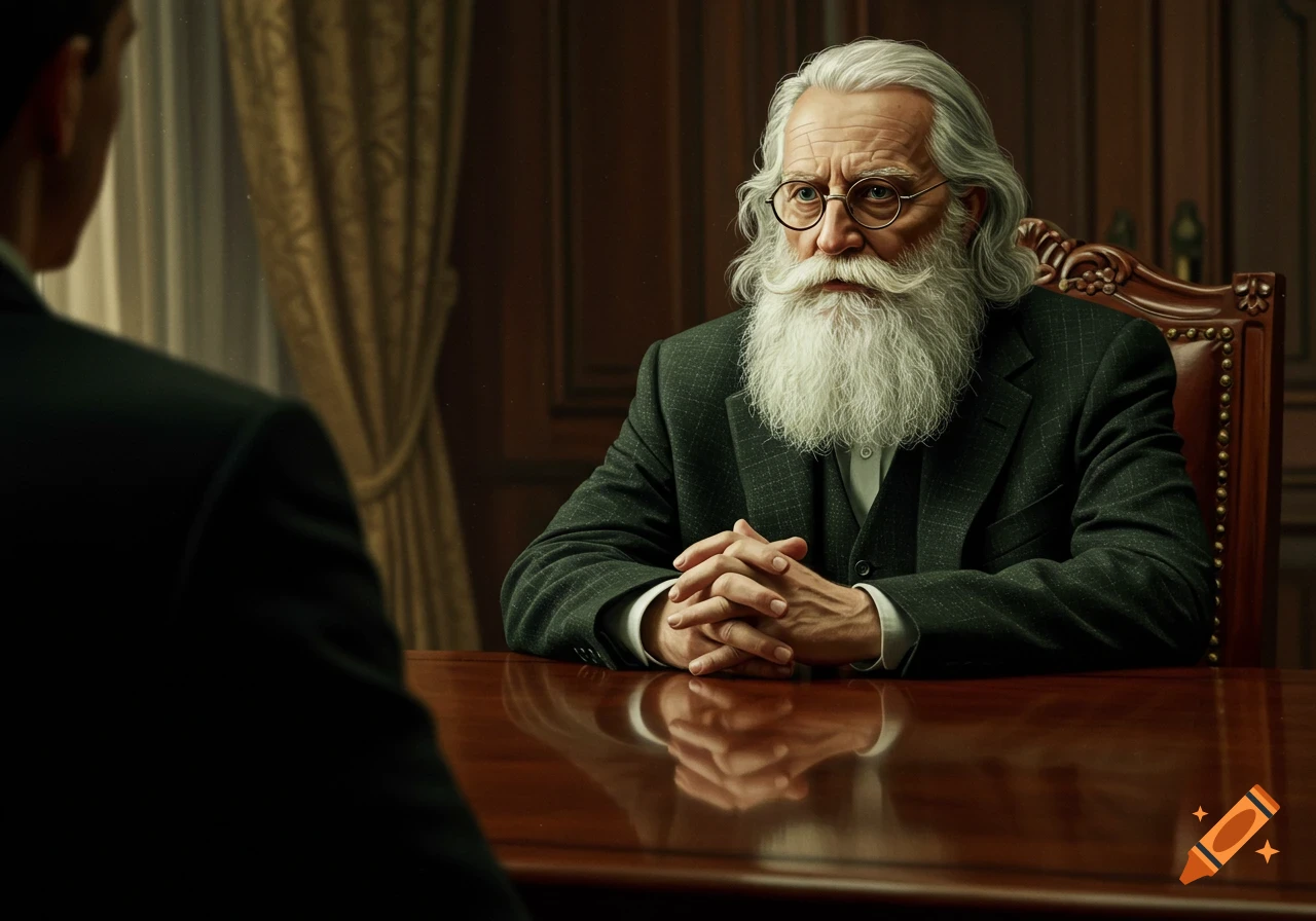 Photorealistic portrait of a serious old man with white beard and glasses in a suit, sitting at a table during an interview.