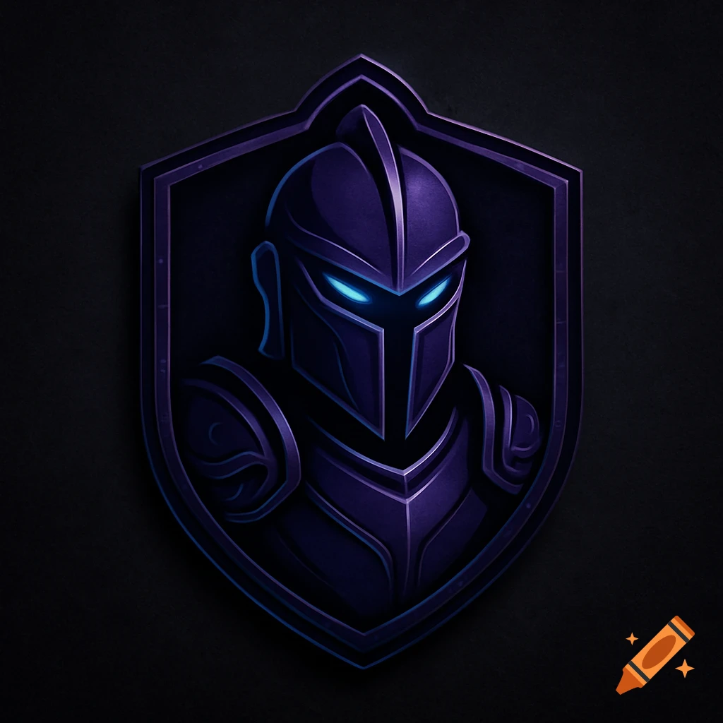 A stylized dark purple knight emblem with glowing blue eyes, set within a shield shape against a dark background.
