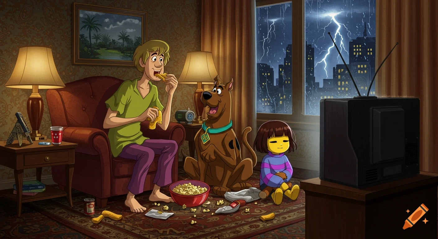 Shaggy, Scooby-Doo, and Frisk watch an old TV in a cozy living room during a thunderstorm, eating popcorn.
