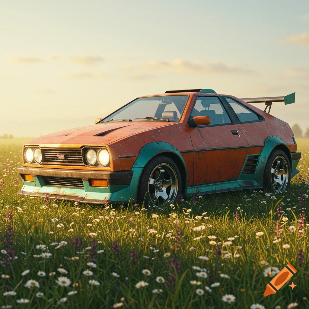 Orange and teal custom car with a spoiler in a sunny field of white and purple wildflowers, under a clear sky.