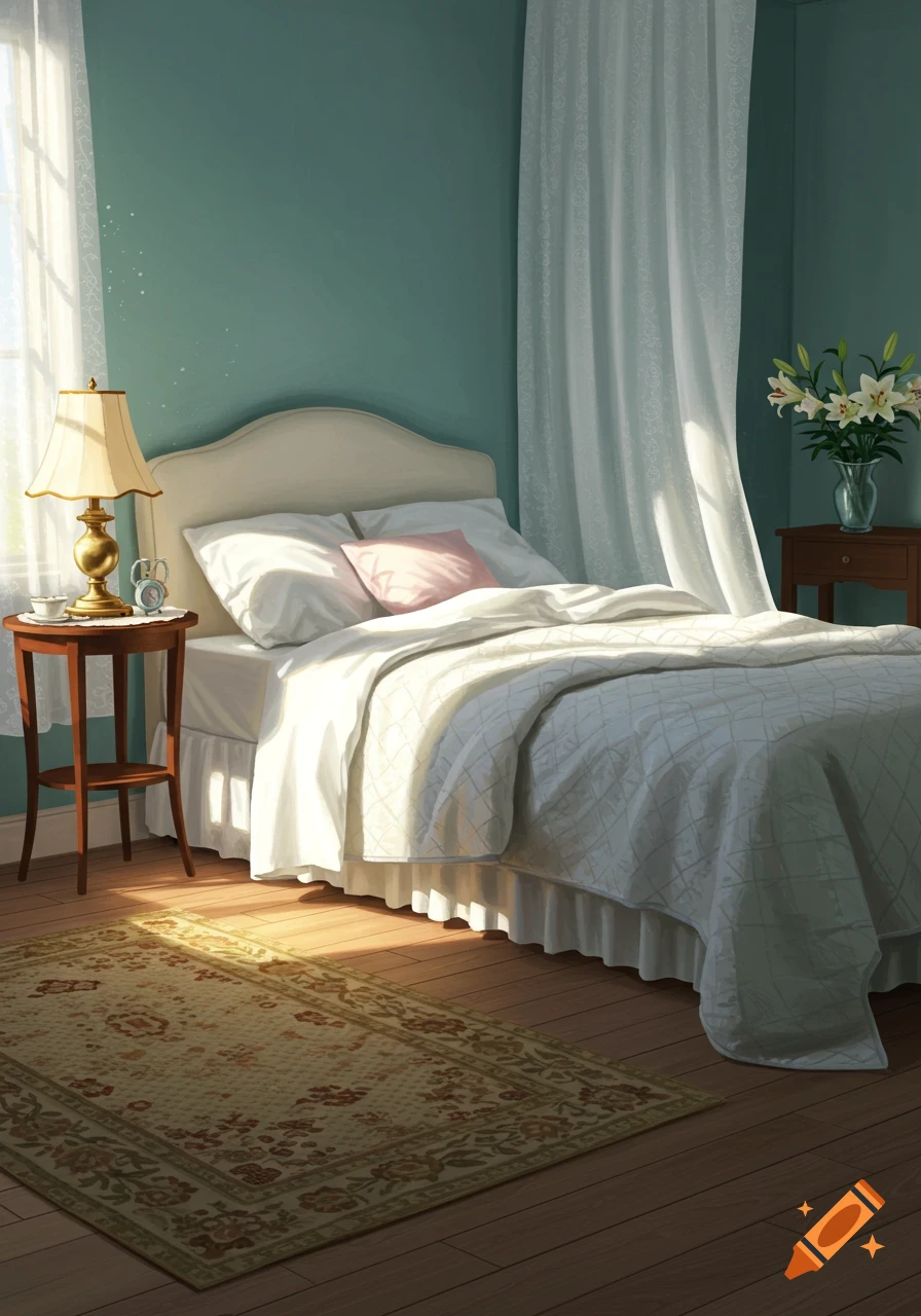Sunlit illustration of a bedroom with a bed, white linens, pink pillow, wooden nightstands, lamp, vase of lilies, and patterned rug on a wooden floor.