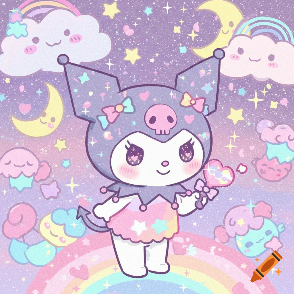 Chibi Kuromi on a rainbow in a pastel, glittery sky with stars and clouds, holding a heart lollipop.