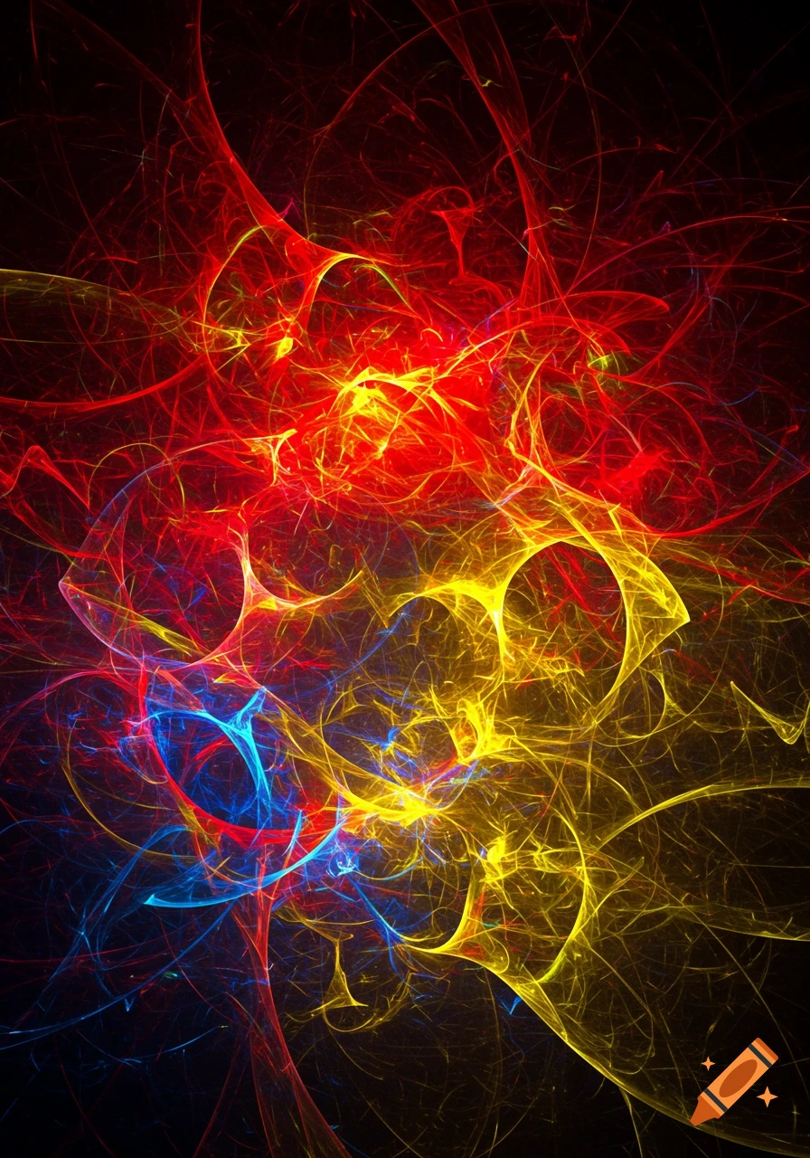 Abstract glowing lines in red, yellow, and blue against a dark background.