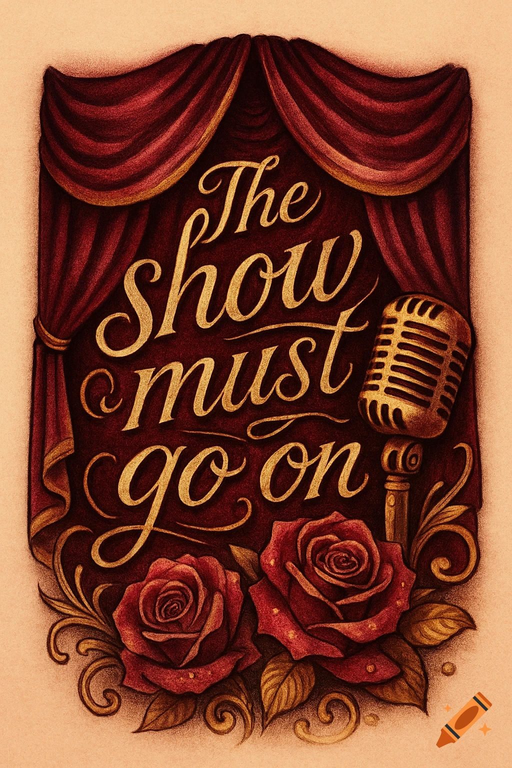 Stylized illustration of red theater curtains framing golden script text 'The show must go on', with a vintage microphone and red roses at the bottom.