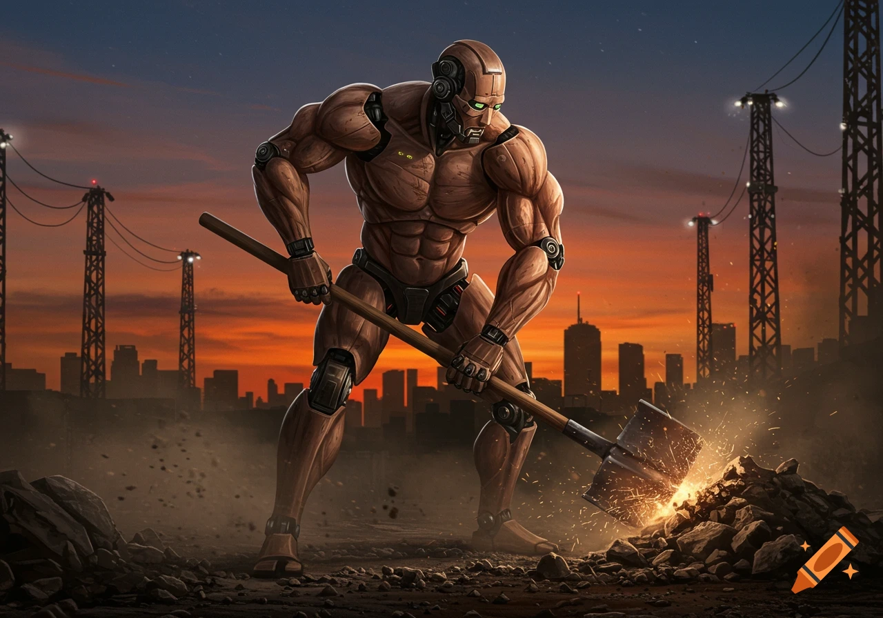 A muscular humanoid robot with glowing green eyes digs with a shovel, creating sparks, in a rocky, industrial landscape under a sunset sky.