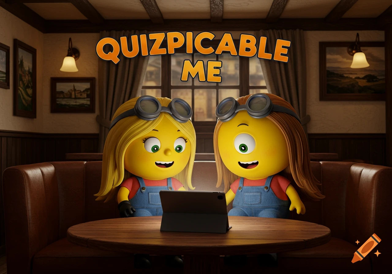 Two 3D animated yellow characters, resembling Minions, in goggles and dungarees, sit at a pub table looking at a glowing iPad. 'QUIZPICABLE ME' title is above them.