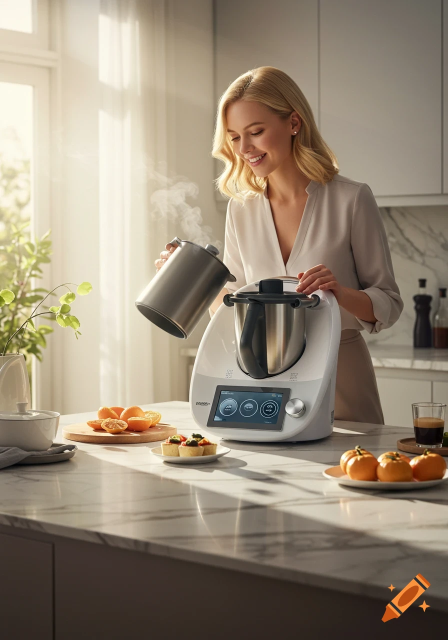 Blonde woman smiles while using a modern kitchen appliance in a sunlit kitchen with fruit on the counter. Photorealistic style.