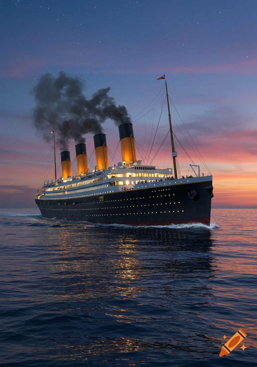 A majestic ocean liner resembling the Titanic sails on a calm sea during sunset, with stars visible in the sky.