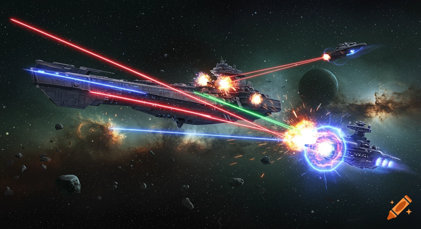 Large futuristic battleship fires red, blue, and green lasers at a smaller destroyer amid a space battle with nebulae.