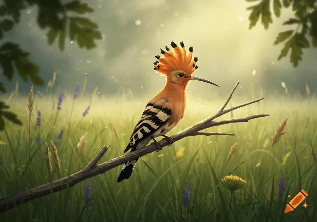 A vibrant hoopoe bird with an orange crest and striped wings perches on a branch in a sunlit grassy field with purple flowers.