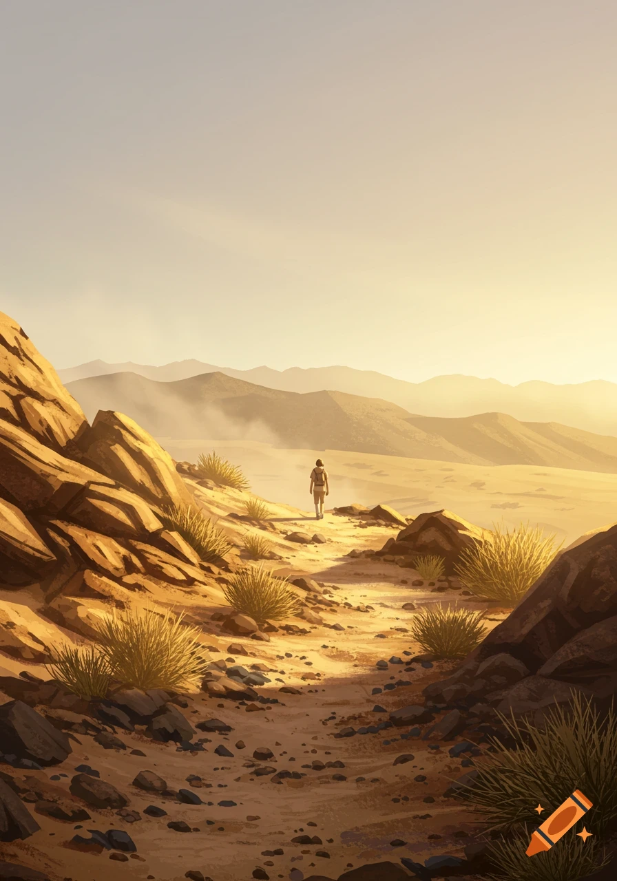 A lone figure walks down a winding desert path towards mountains under a hazy, golden sky, in a stylized illustration.