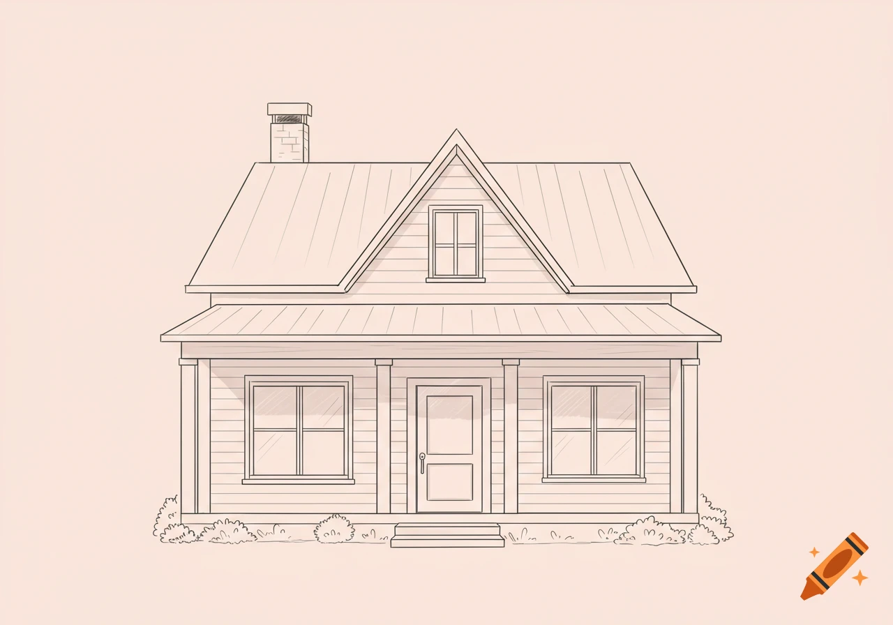 A simple line drawing of a two-story house with a front porch, chimney, and small bushes.