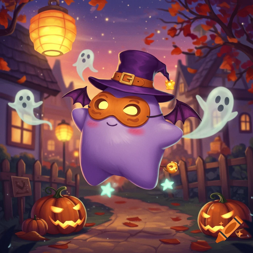 A cute purple star character with bat wings, a witch hat, and a mask flies in a whimsical Halloween village with ghosts, jack-o'-lanterns, and glowing lanterns.