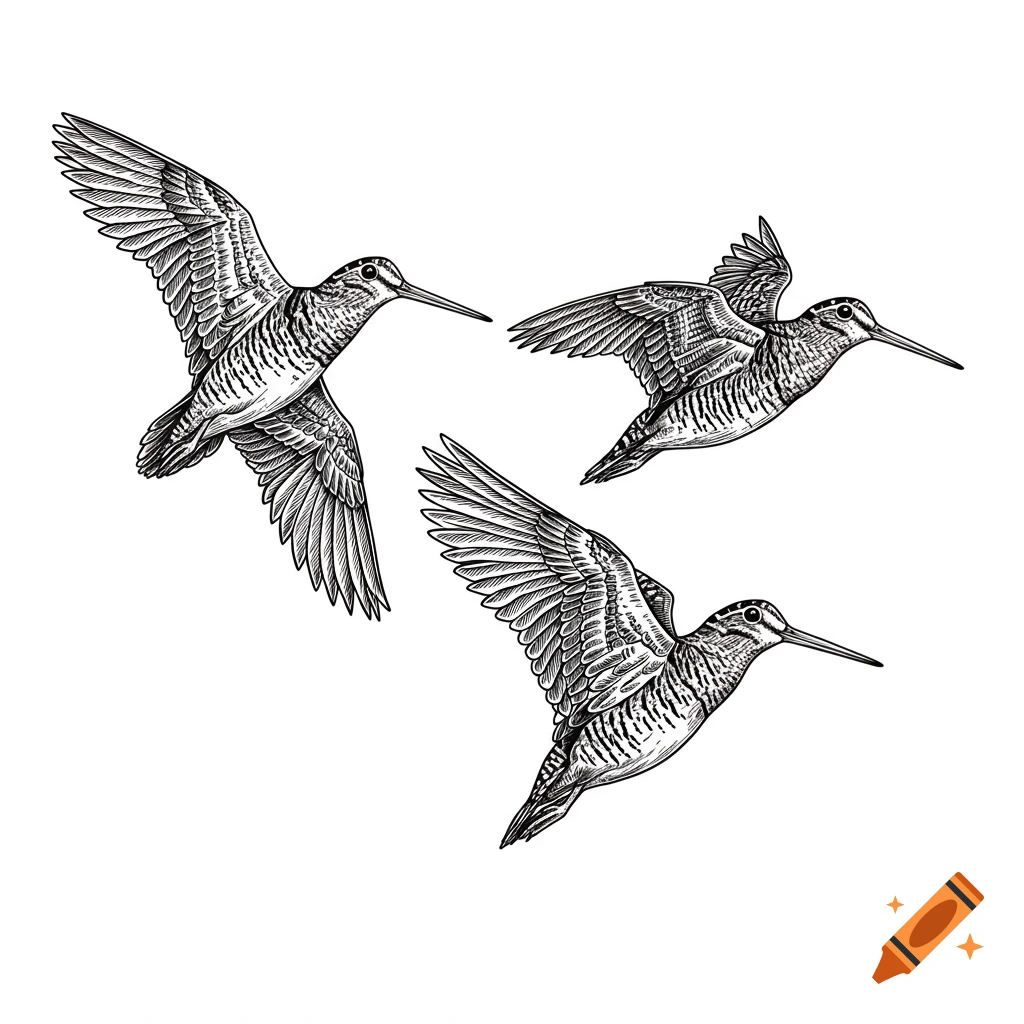 Three woodcocks in flight, depicted in a detailed black and white engraving style.