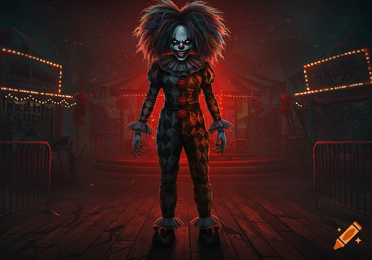 A terrifying clown with wild, multi-colored hair, glowing eyes, and a harlequin costume stands in a spooky, red-lit circus tent.