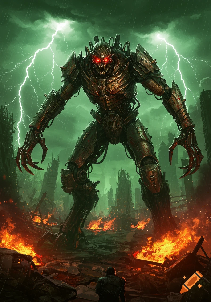 A colossal, menacing machine monster with glowing red eyes towers over a lone figure in a burning, ruined city under green lightning and rain, in a dark comic art style.