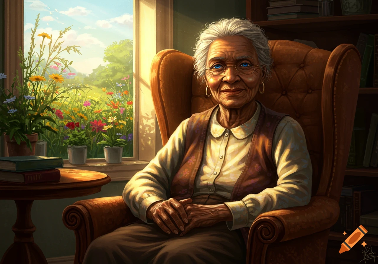 Smiling old African American woman with blue eyes and white hair sits in an armchair by a window, looking at a sunny, colorful garden, digital art.