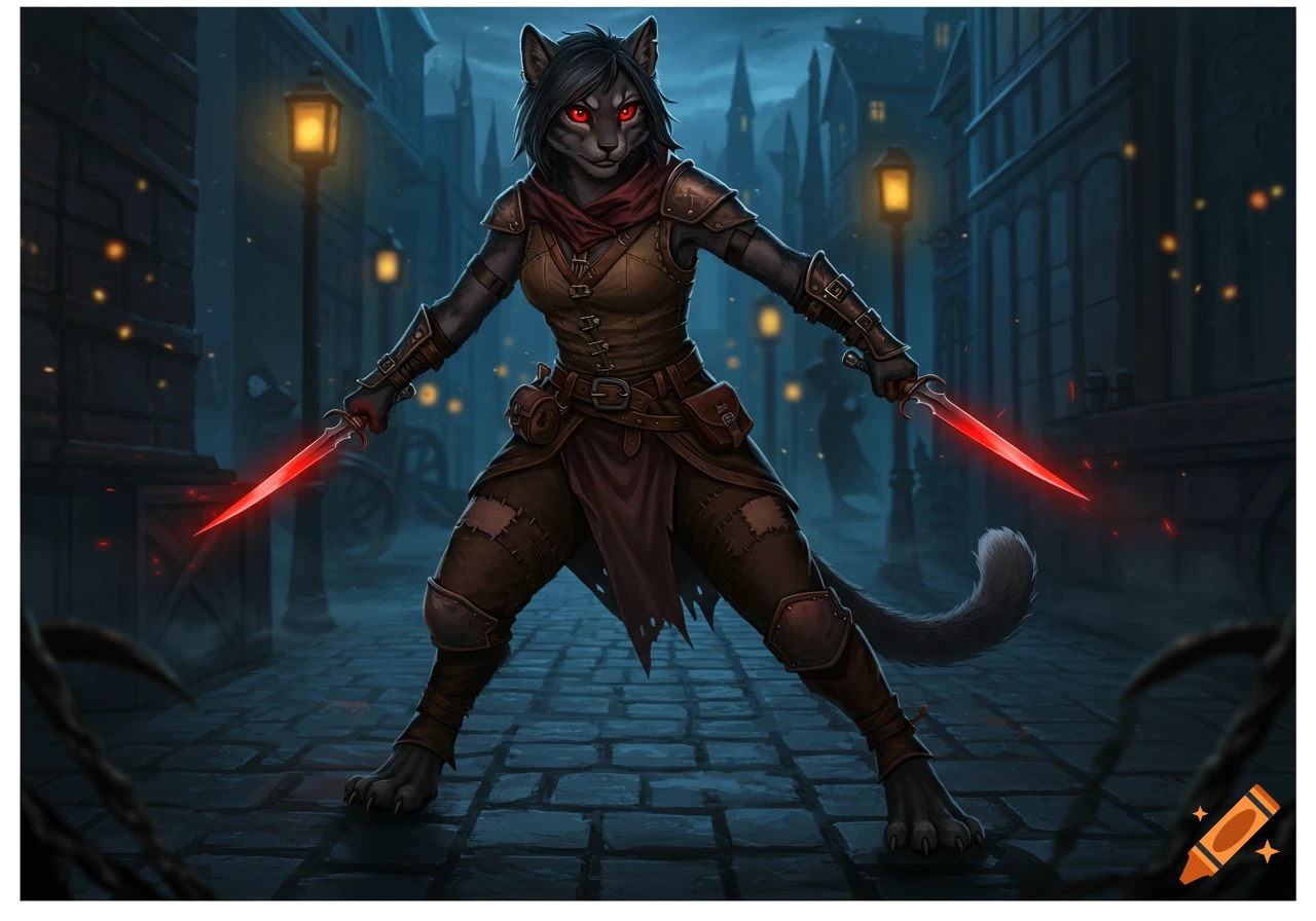 Digital illustration of a fierce female Tabaxi rogue in a dark alley, holding two glowing red daggers.