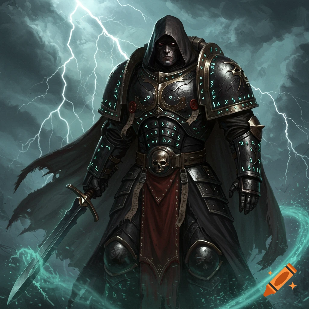 A dark fantasy sorcerer in black armor with glowing runes, wielding a sword, stands amidst lightning and teal magical energy.