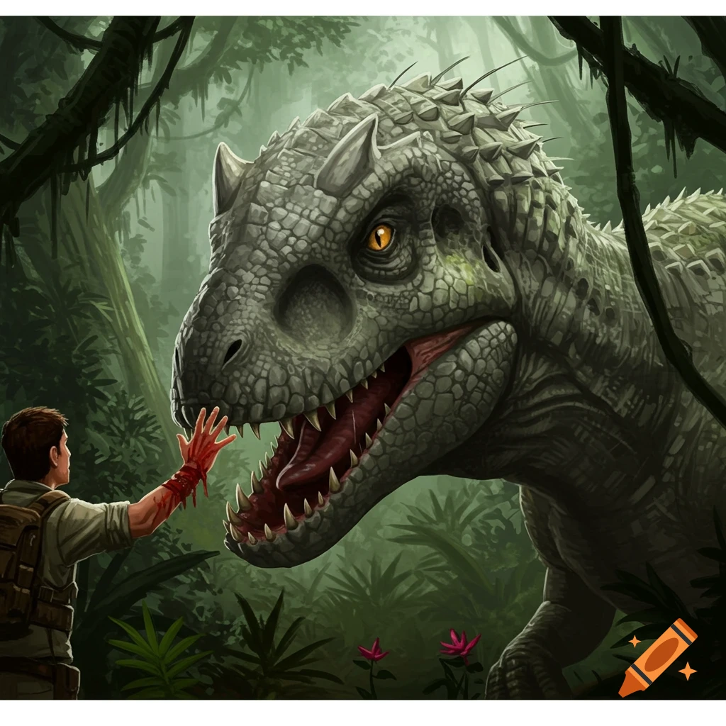 A man with a bloodied hand reaches out to a large, grey dinosaur with sharp teeth in a dense jungle.