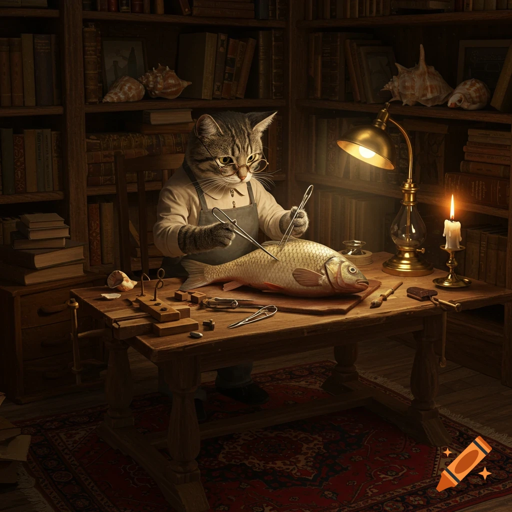 Photorealistic cat in glasses and apron dissecting a fish on a wooden table in a dimly lit library.