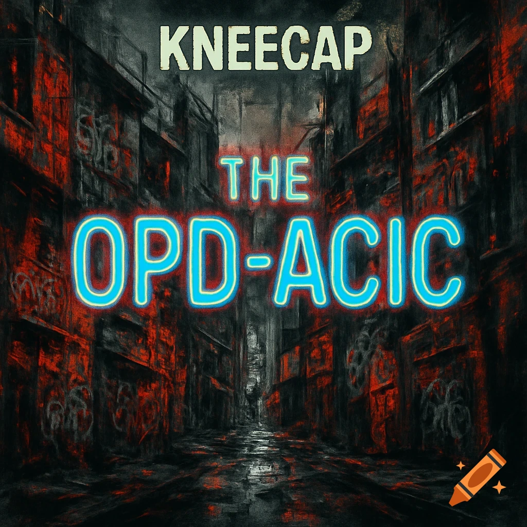 A dark, gritty album cover for KNEECAP with neon blue text 'THE OPD-ACIC' over a shadowy alleyway with red-lit buildings.