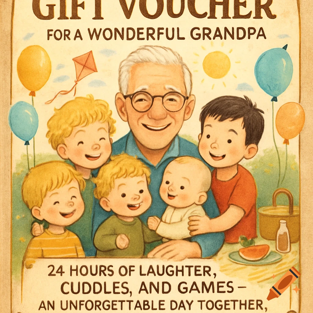 Happy grandfather with five smiling grandchildren outdoors, surrounded by balloons. Gift voucher for a wonderful grandpa.