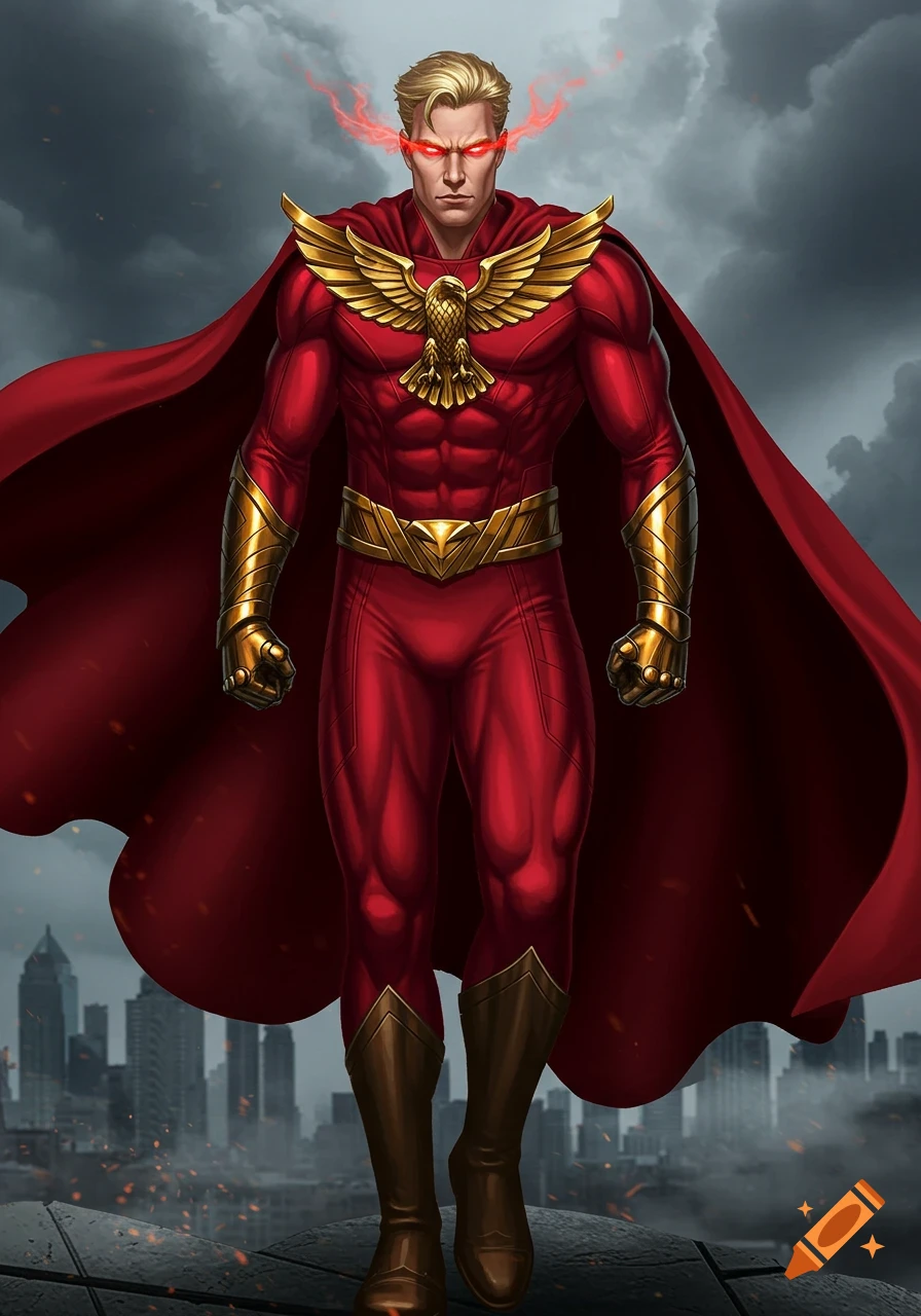 Muscular blonde superhero in red suit and cape, golden eagle emblem, glowing red eyes, against a city skyline.