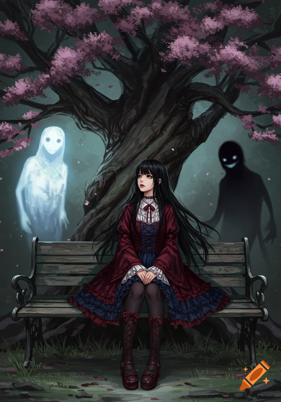 A melancholic anime girl in a red gothic dress sits on a bench under a cherry blossom tree, between a glowing white ghost and a dark grinning shadow.