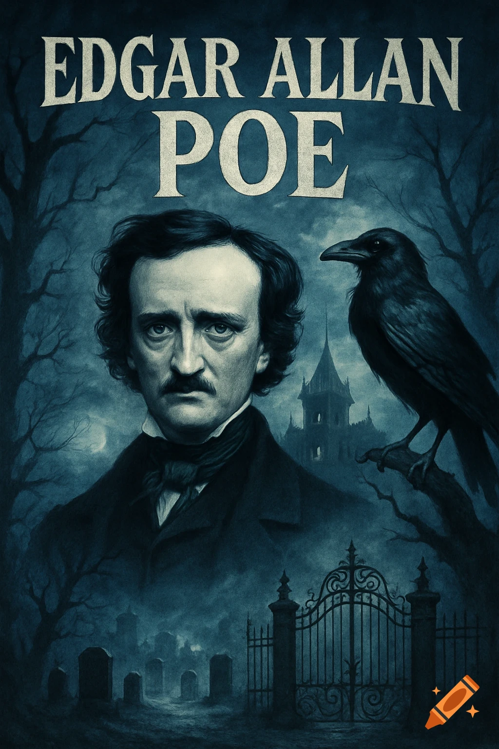 Dark, moody portrait of Edgar Allan Poe with a raven, gothic castle, and graveyard, with text "EDGAR ALLAN POE".