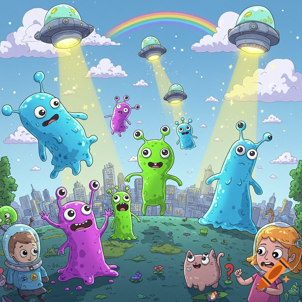 Whimsical cartoon aliens and flying saucers invade a city as two children and a cat watch in surprise under a rainbow sky.