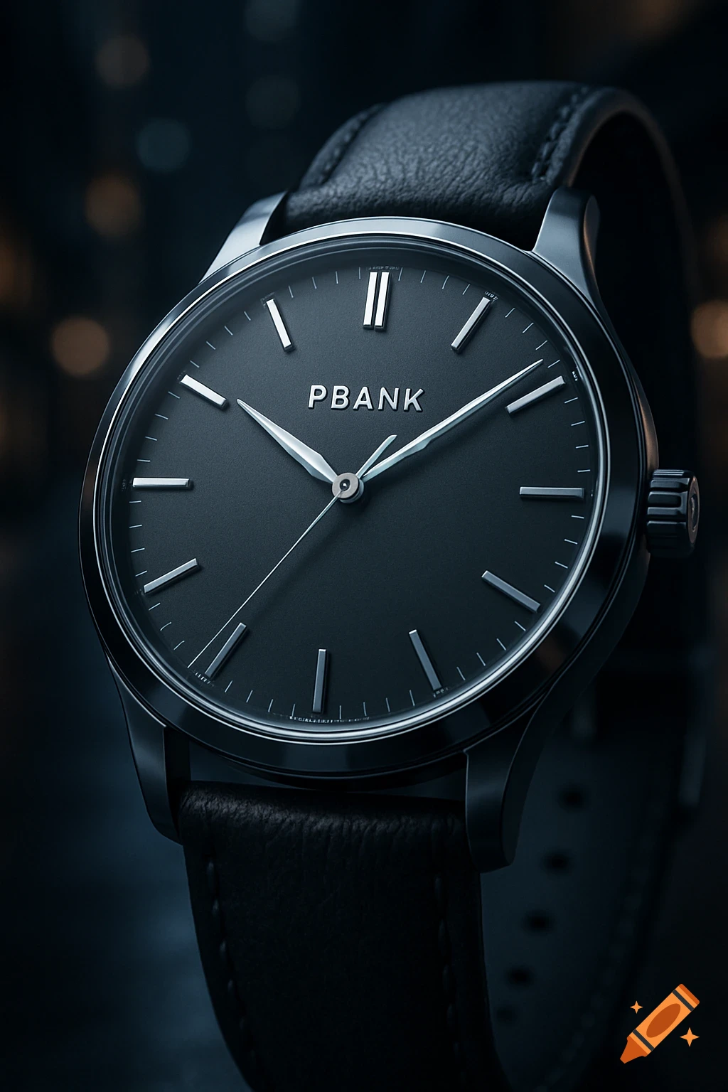 Close-up of a black minimalist watch with a black leather strap, showing the 'PBANK' logo on the dial. Photorealistic.