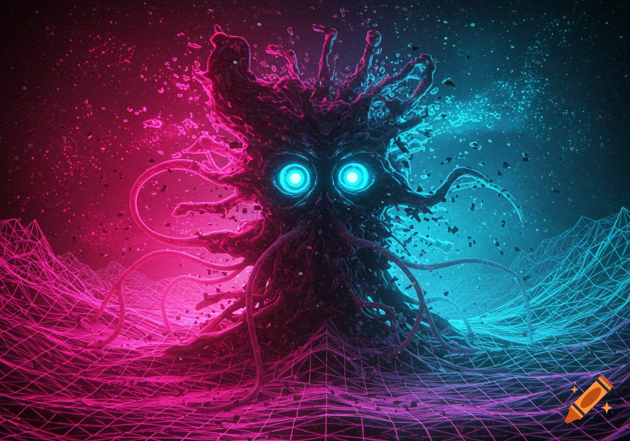 Abstract, glitchy creature with glowing blue eyes and tentacles, split neon pink and blue, with a wireframe grid landscape.