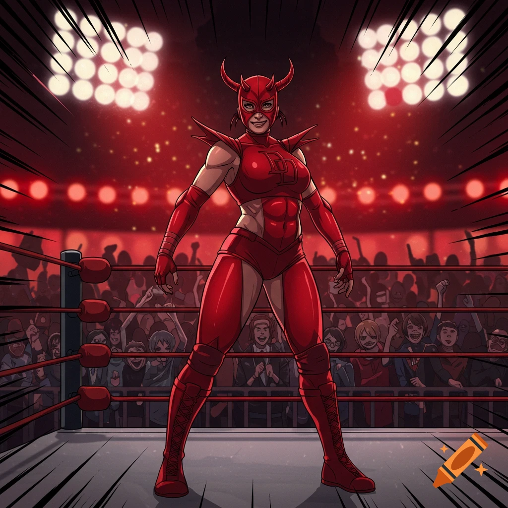 Anime wrestling girl in a red Daredevil-like outfit and mask stands triumphantly in a wrestling ring.