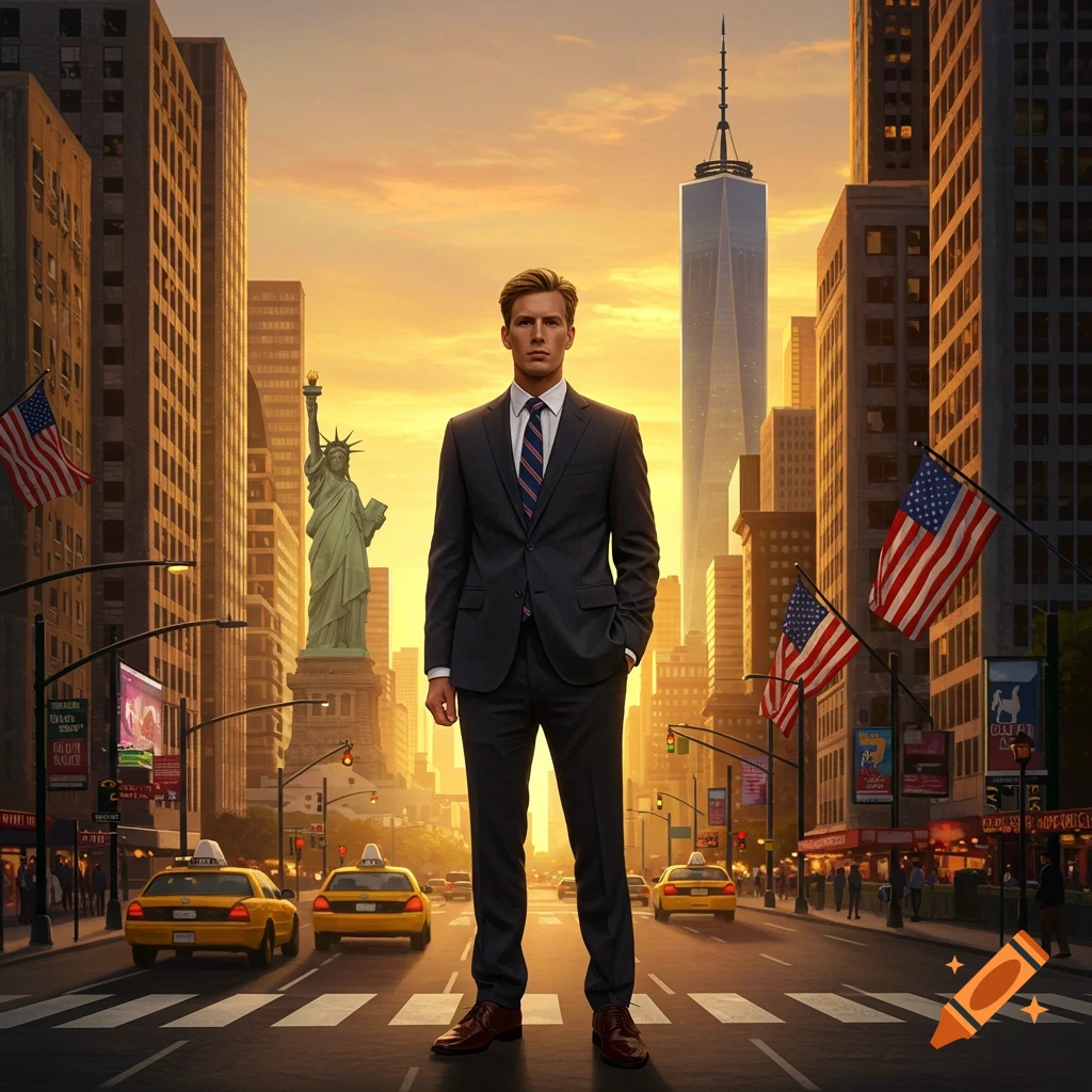 Photorealistic image of a man in a suit standing on a New York City street with the Statue of Liberty and One World Trade Center at sunset.