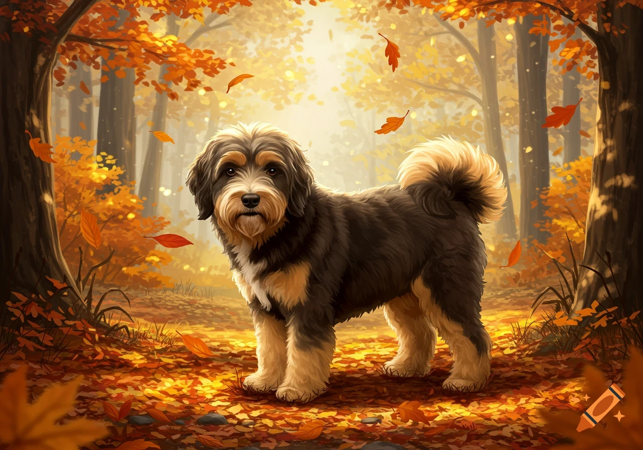 A fluffy brown and tan dog stands in an autumn forest with falling orange leaves and bright background light, digital painting.