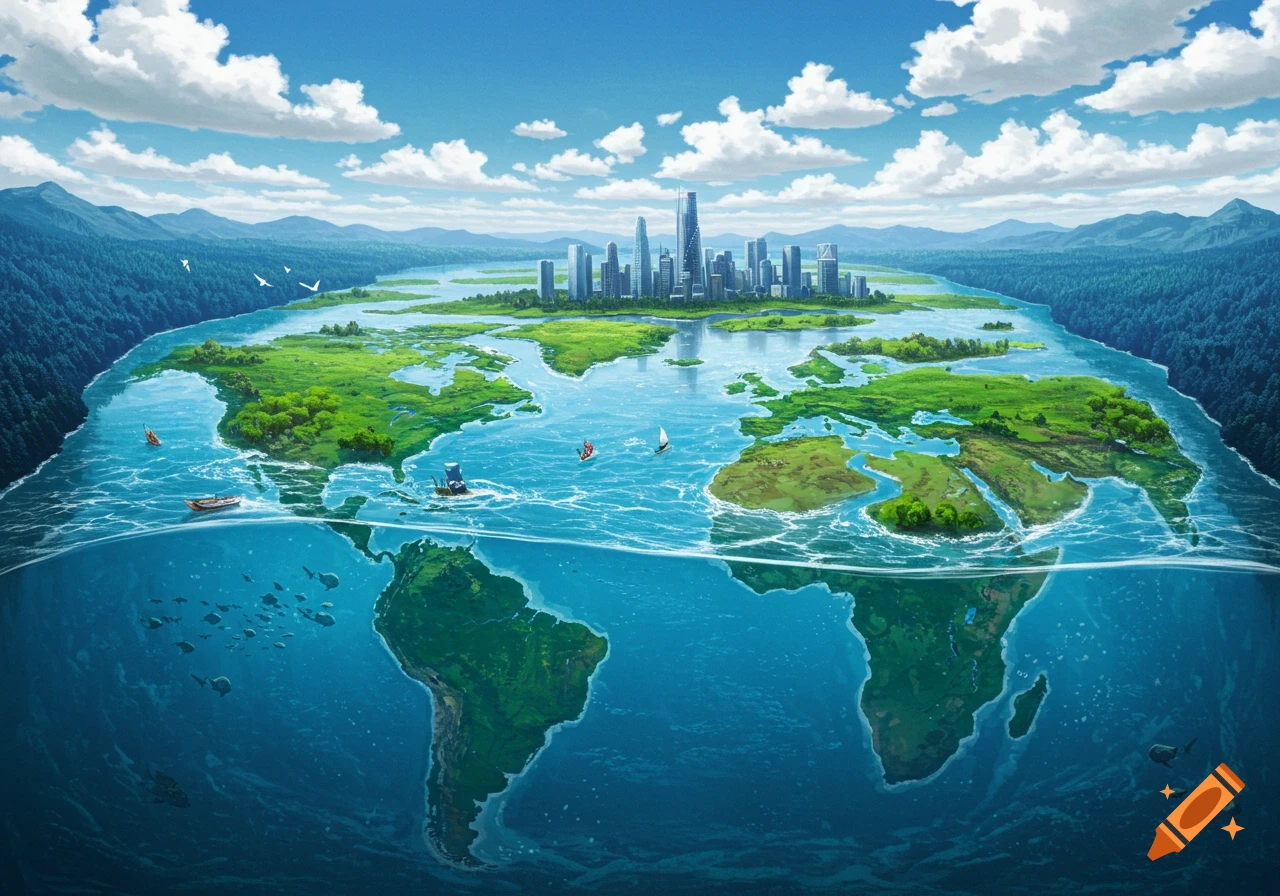 Vibrant illustration of Earth with land and water reversed, showing continents as water, oceans as land with cities, and underwater continents.