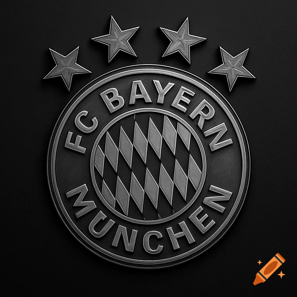 Metallic FC Bayern München logo on a dark background, featuring four stars above a circular emblem with the club name and diamond pattern.
