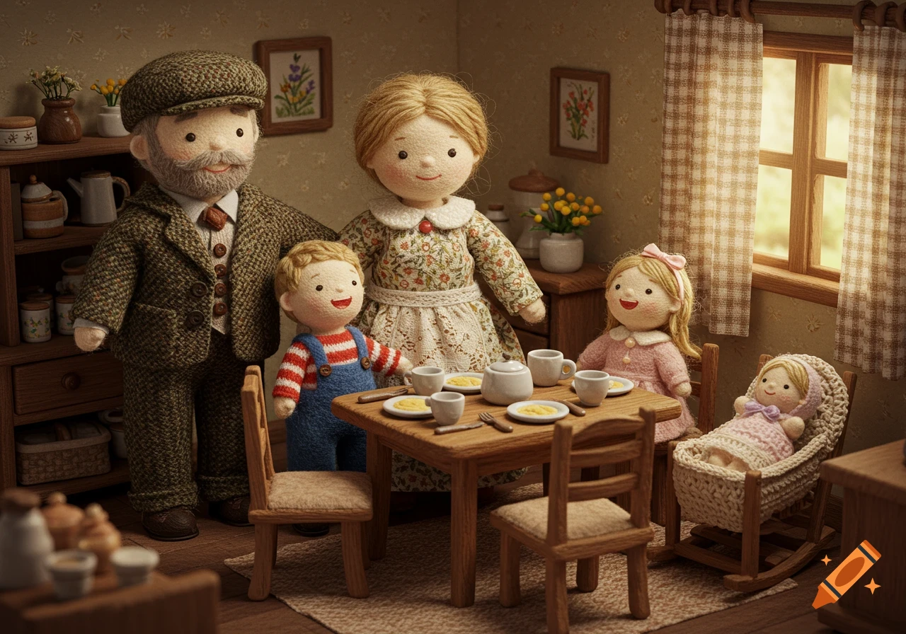 A felt doll family, including father, mother, son, daughter, and baby, gathered in a miniature dollhouse dining room with a table set for tea.