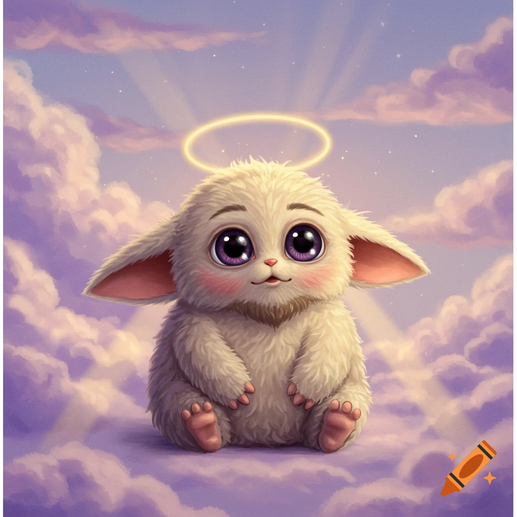 A cute, fluffy white creature with big purple eyes and a halo sits on soft pink and purple clouds.