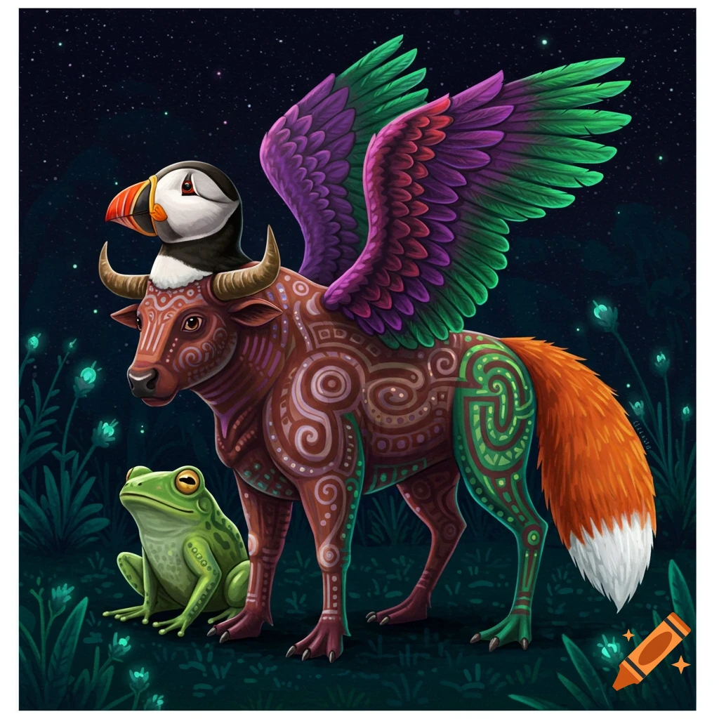 Vibrant alebrije creature with a puffin head, bull body, eagle wings, frog feet, and fox tail, next to a frog in a dark, glowing forest.