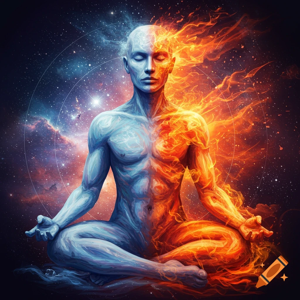 A meditating figure, half vibrant fire and half calm blue ice, against a cosmic starry background.