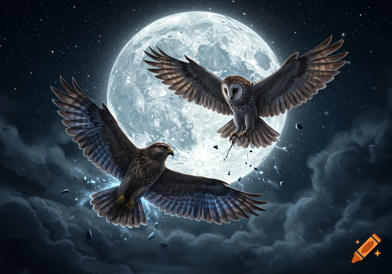 An illustrative fantasy image of a hawk and an owl flying in a starry night sky in front of a glowing full moon.