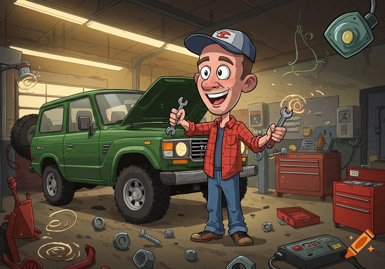 Cartoon man in a garage working on a green Toyota Land Cruiser, holding wrenches, with tools and nuts scattered around.