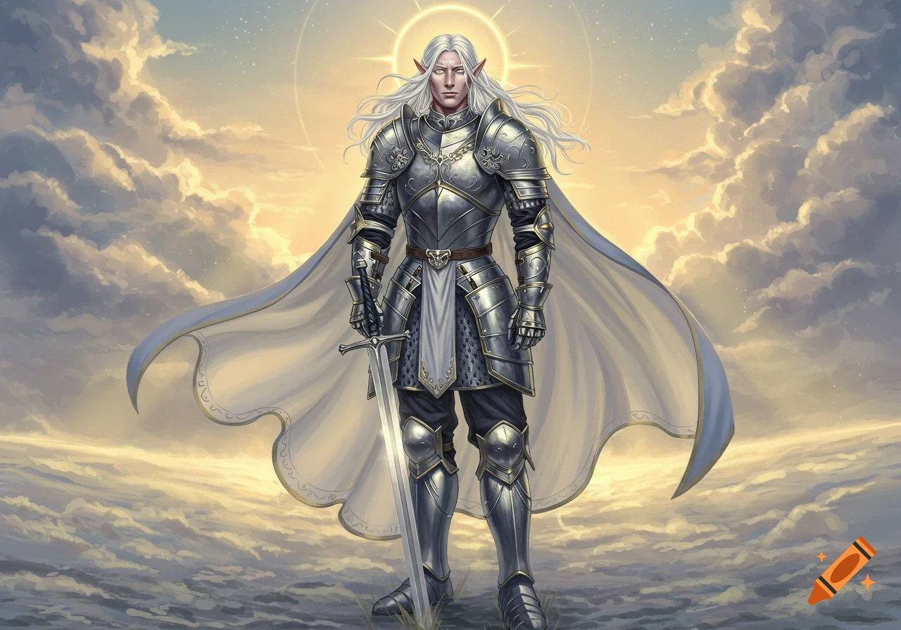 A white-haired elf paladin in silver armor and a white cape holds a sword under a dramatic, cloudy sky with a sun halo.