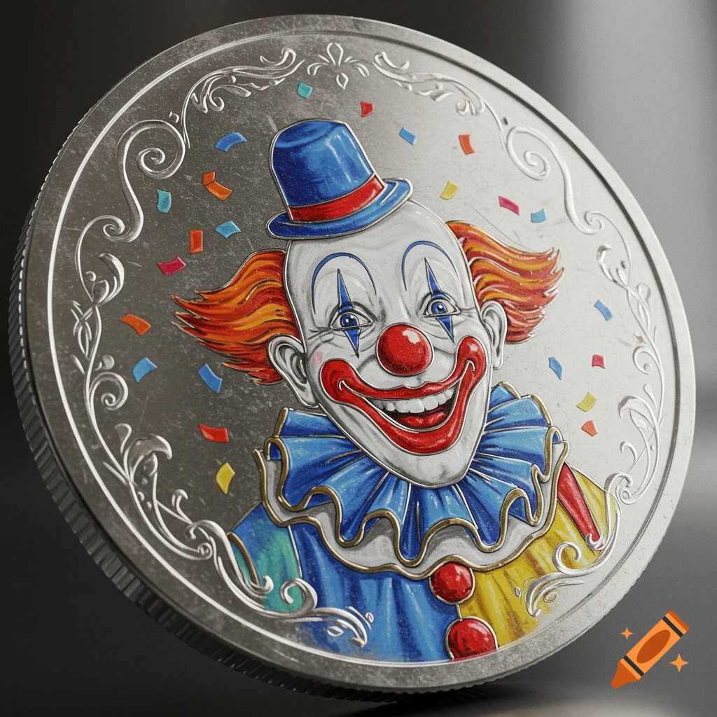 Close-up of a silver coin featuring a colorful, smiling clown portrait with confetti and ornate borders.