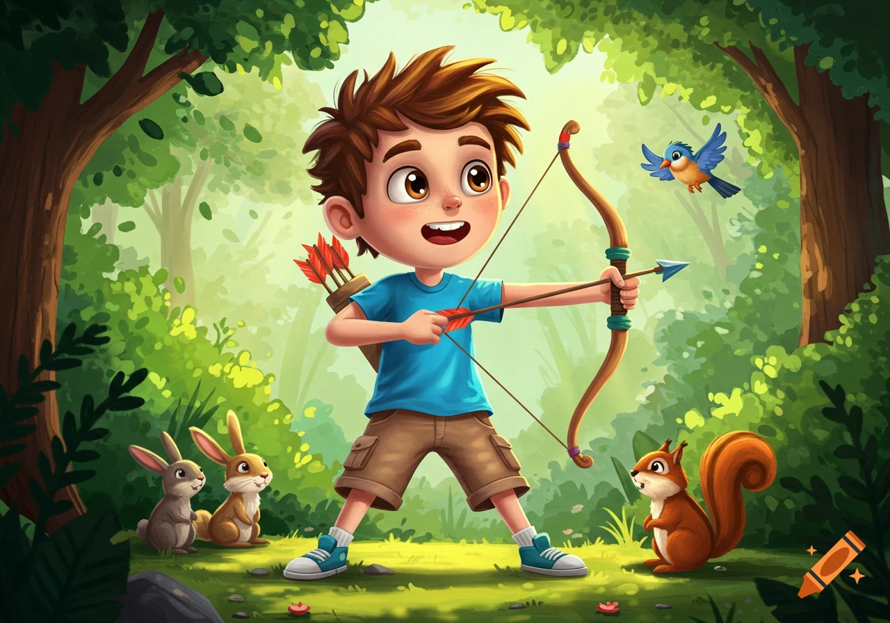 Cartoon illustration of a smiling boy in a forest, holding a toy bow and arrow, with rabbits, a squirrel, and a bird nearby.