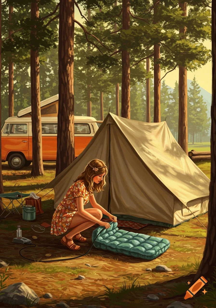 An illustration of a woman inflating an air mattress in front of a tent and a vintage camper van in a forest.
